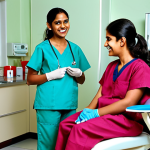 **A compassionate female dentist, dressed in modern scrubs, gently comforting a young, initially scared Indian child in a brightly lit, sterile yet welcoming dental clinic. The child is sitting in the dental chair, looking less fearful, perhaps with a cartoon playing on a screen nearby. The dentist has a reassuring smile, explaining something calmly to the child or parent. The scene emphasizes trust-building, empathy, and a safe, child-friendly environment. High-resolution, warm lighting, professional photography.**