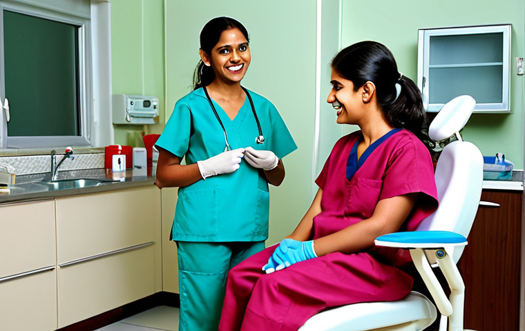 **A compassionate female dentist, dressed in modern scrubs, gently comforting a young, initially scared Indian child in a brightly lit, sterile yet welcoming dental clinic. The child is sitting in the dental chair, looking less fearful, perhaps with a cartoon playing on a screen nearby. The dentist has a reassuring smile, explaining something calmly to the child or parent. The scene emphasizes trust-building, empathy, and a safe, child-friendly environment. High-resolution, warm lighting, professional photography.**